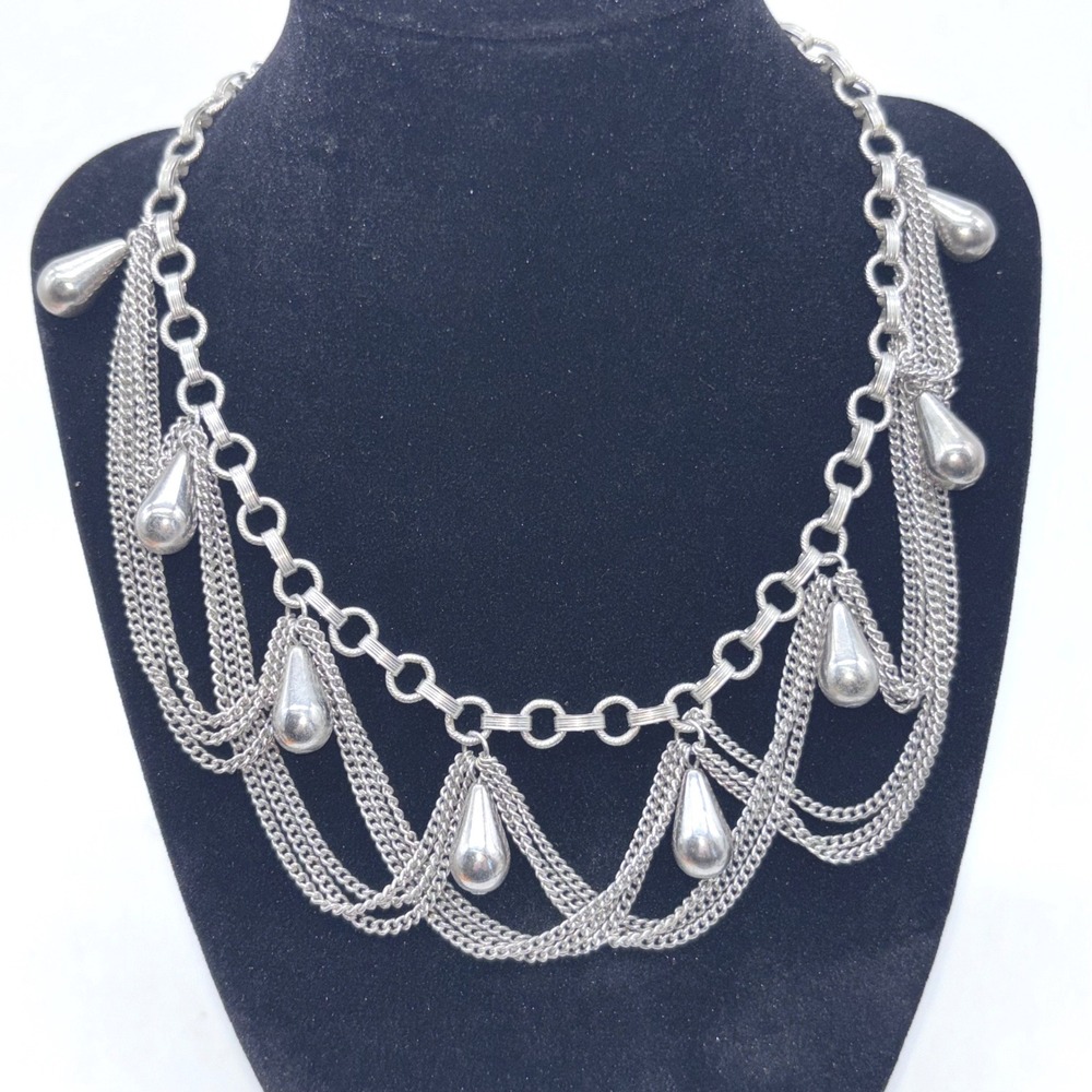 Vintage Silver Tone Pearl‎ Teardrop Draped Victorian Chain Statement Necklace